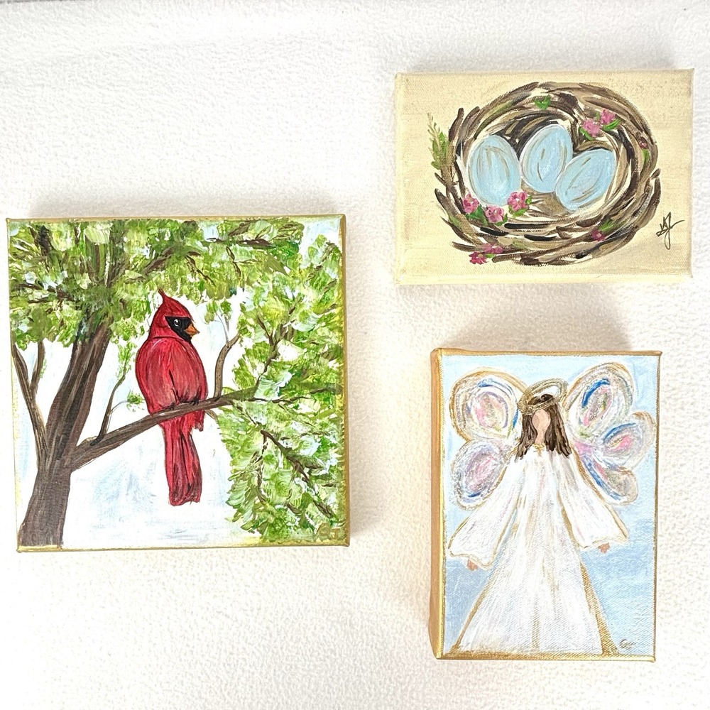 3 Mini Small Canvas Art Paintings GJ Art Collection Set Angel Cardinal Eggs Cute